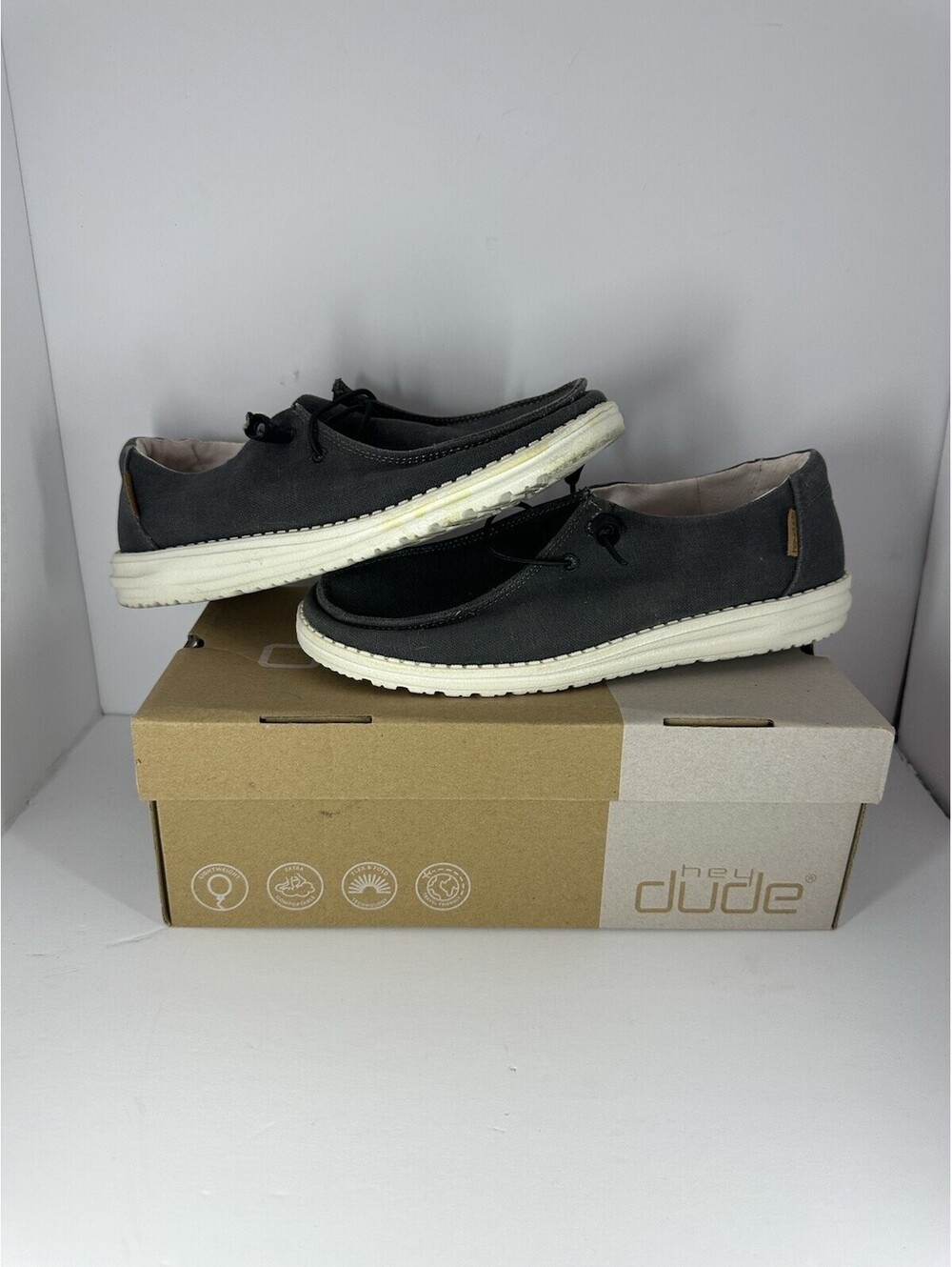Hey Dude Wendy Womens Casual Shoes Size 9 Chambray Off Black Slip On Lightweight